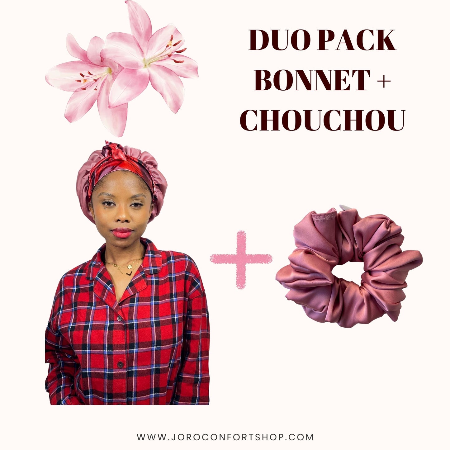 DUO PACK RAYURÉ ROSE en satin (chouchou+bonnet)