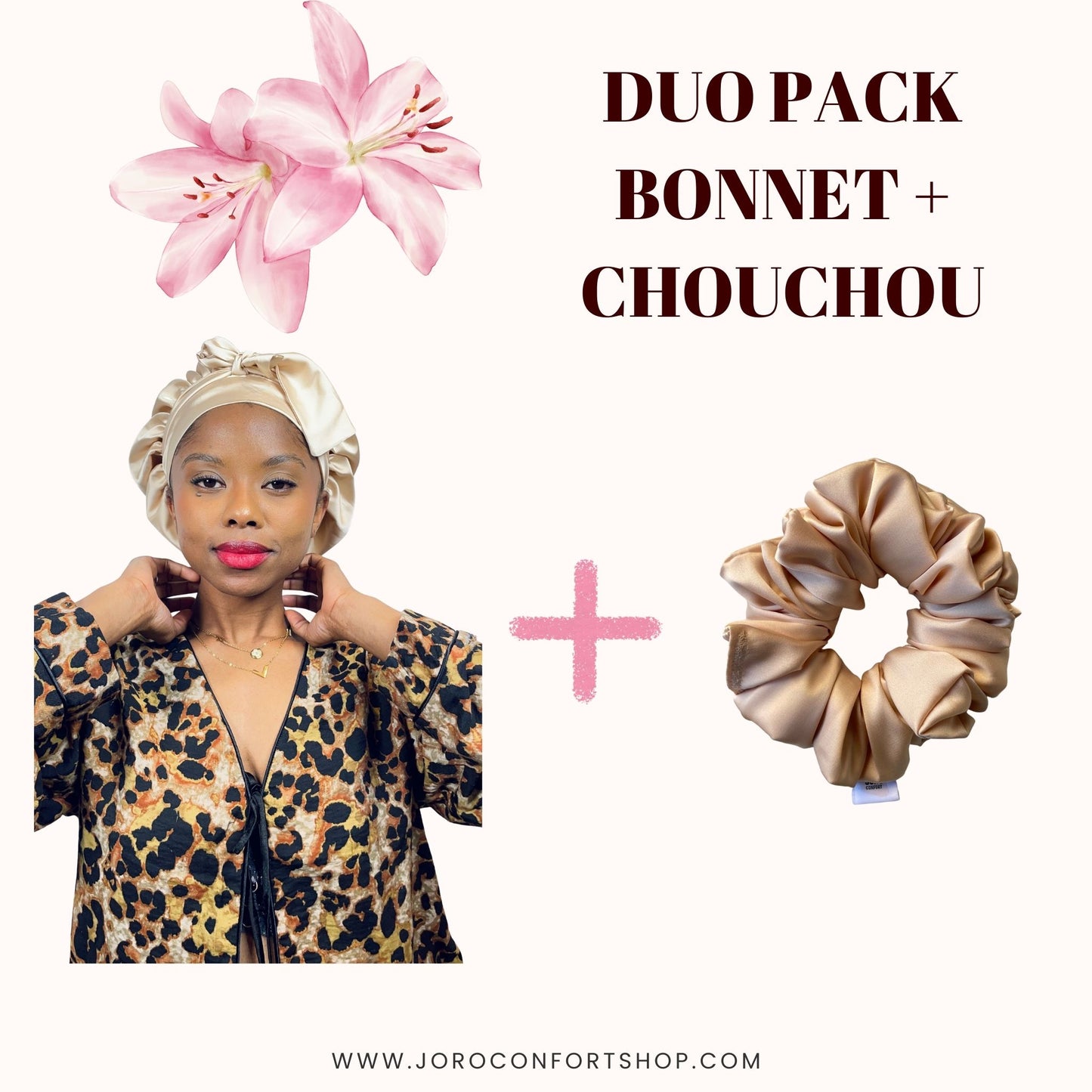 DUO PACK Beige en satin (chouchou+bonnet)