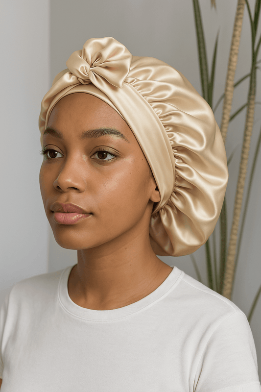 bonnet en satin réversible beige