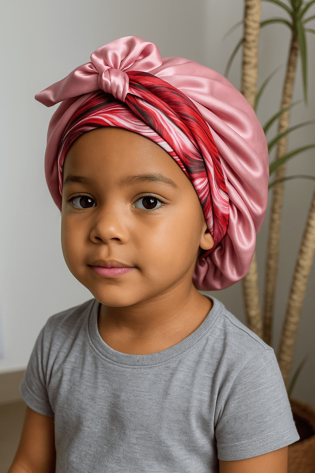 bonnet en satin enfant réversible rayure rouge