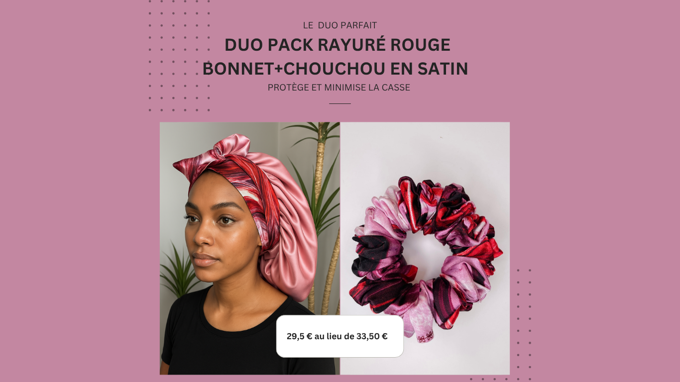 DUO PACK RAYURÉ ROUGE en satin (chouchou+bonnet)