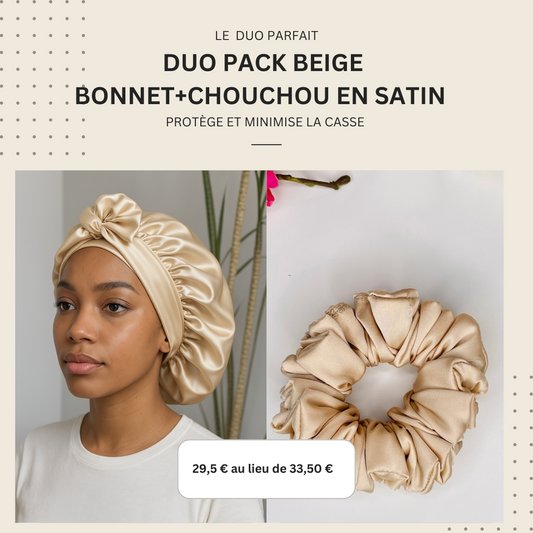DUO PACK Beige en satin (chouchou+bonnet)