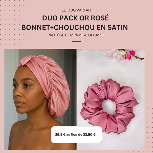 DUO PACK OR ROSÉ en satin (chouchou+bonnet)