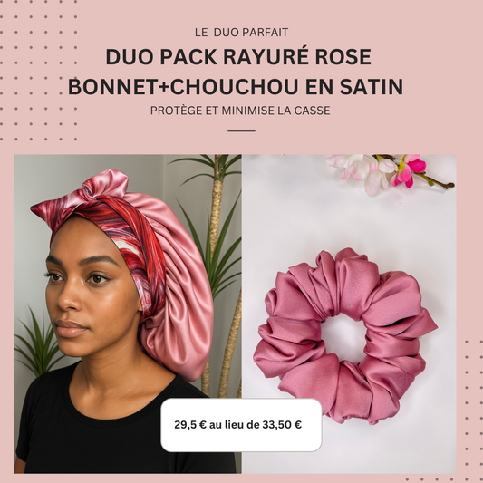 DUO PACK RAYURÉ ROSE en satin (chouchou+bonnet)