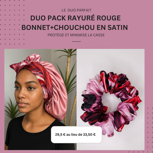 DUO PACK RAYURÉ ROUGE  en satin (chouchou+bonnet)