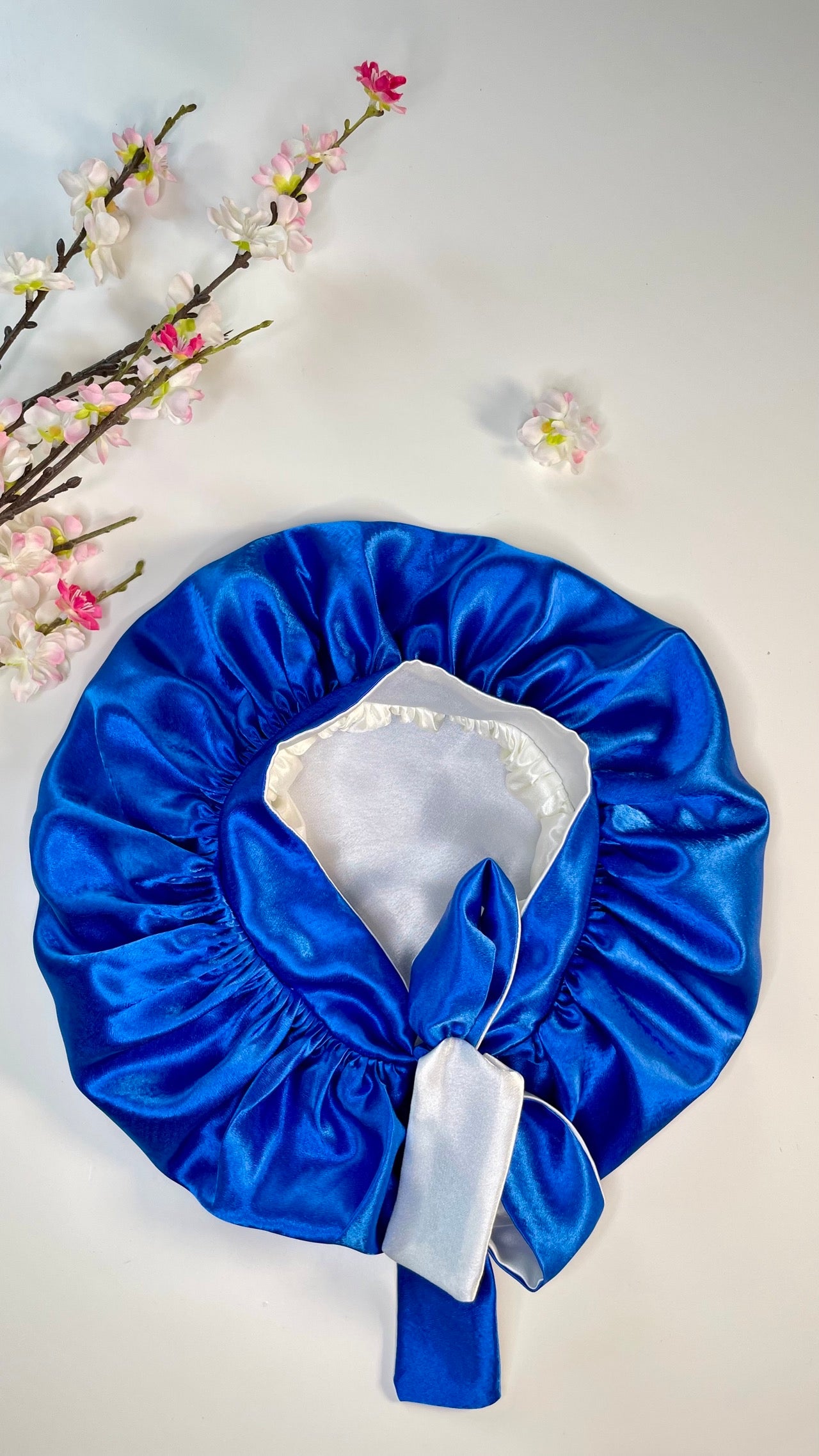 Bonnet Satin Réversible - Bleu & Ivoire