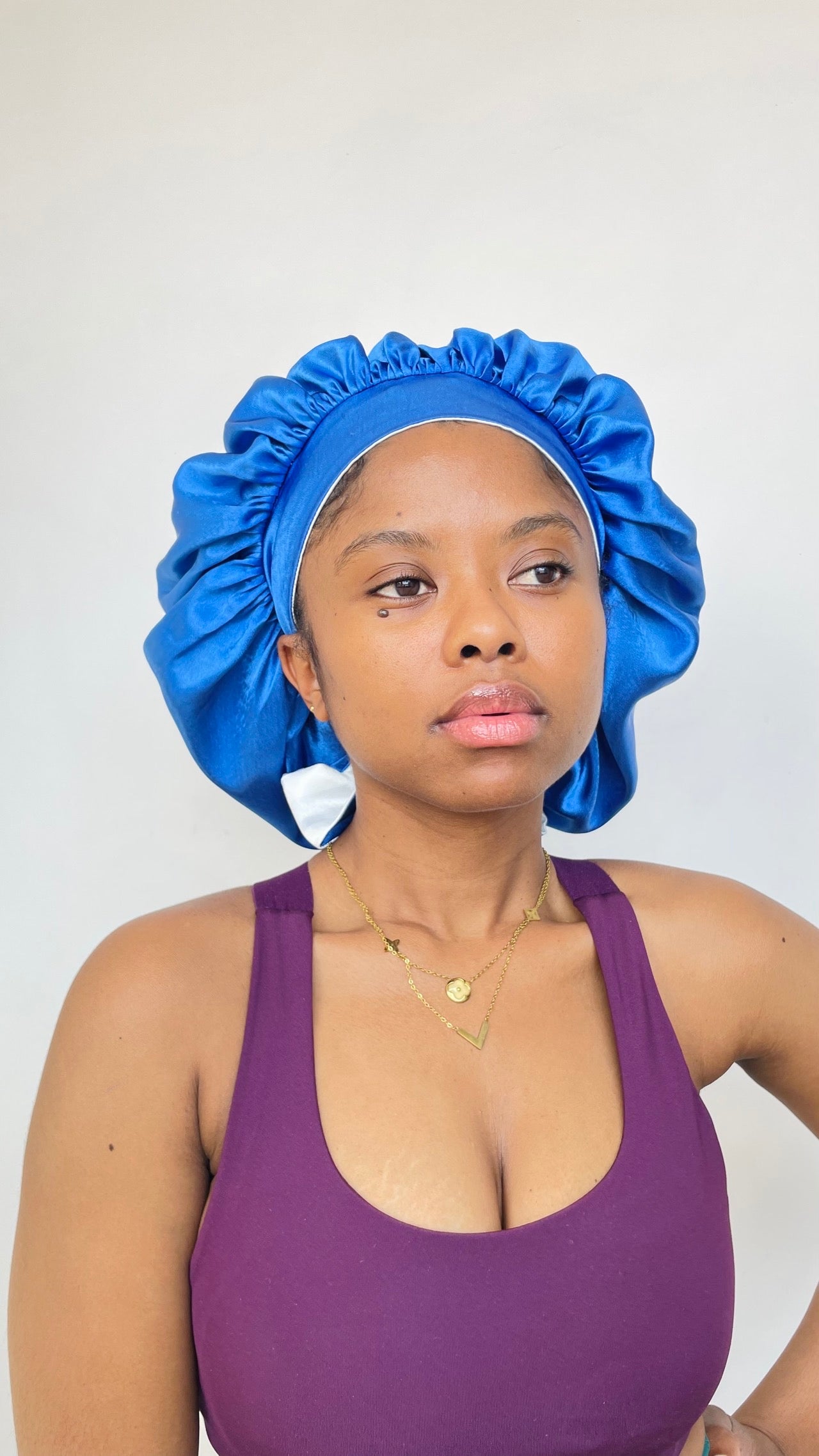 Bonnet Satin Réversible - Bleu & Ivoire