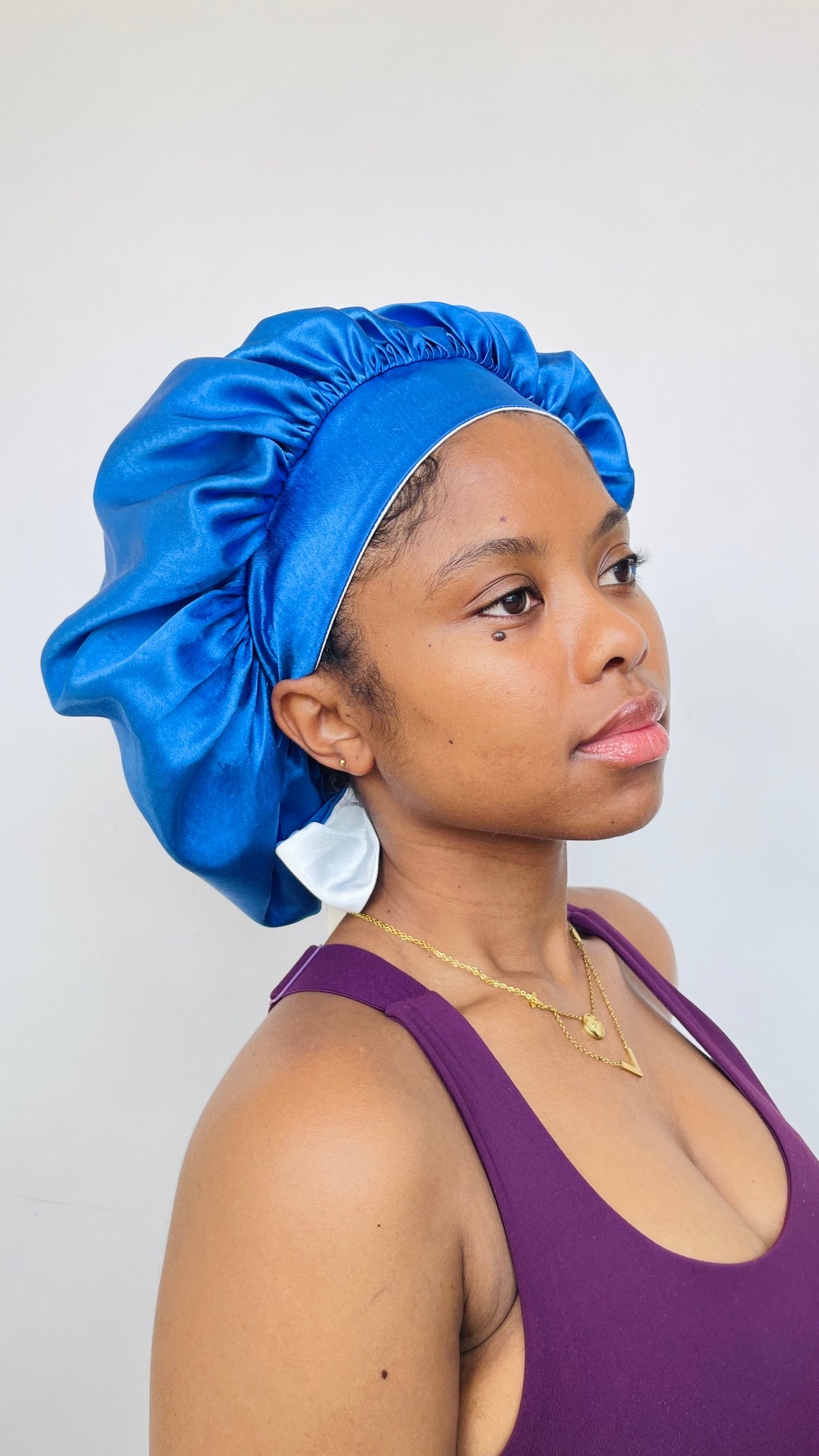Bonnet Satin Réversible - Bleu & Ivoire