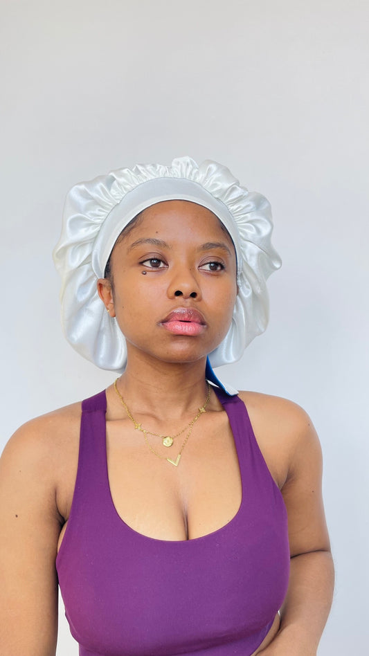 Bonnet Satin Réversible - Bleu & Ivoire
