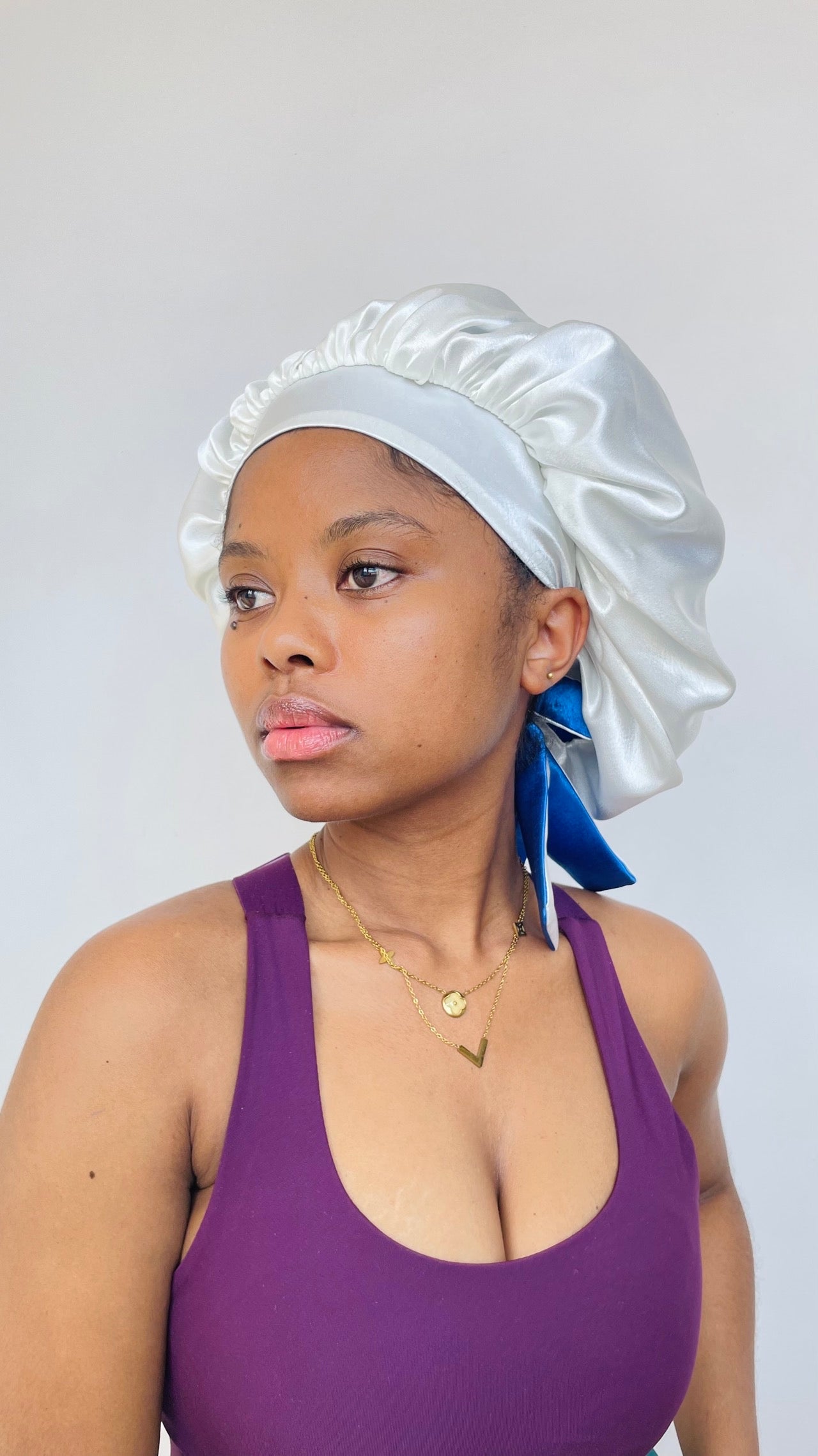 Bonnet Satin Réversible - Bleu & Ivoire