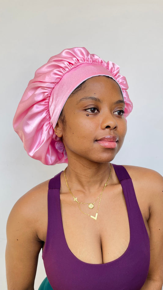 Bonnet Satin Réversible - Rose Barbie & Blanc