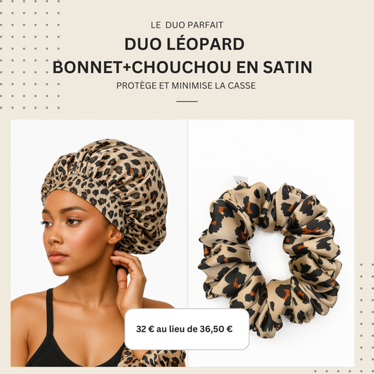 DUO LÉOPARD en satin (chouchou+bonnet)