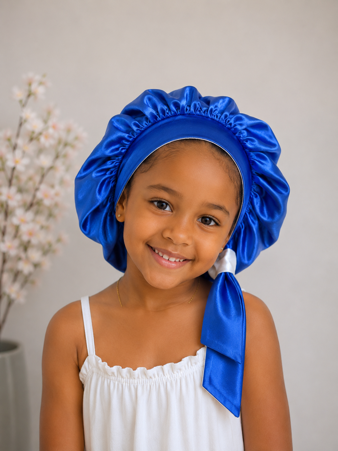 Bonnet en satin réversible enfant – Bleu & Ivoire