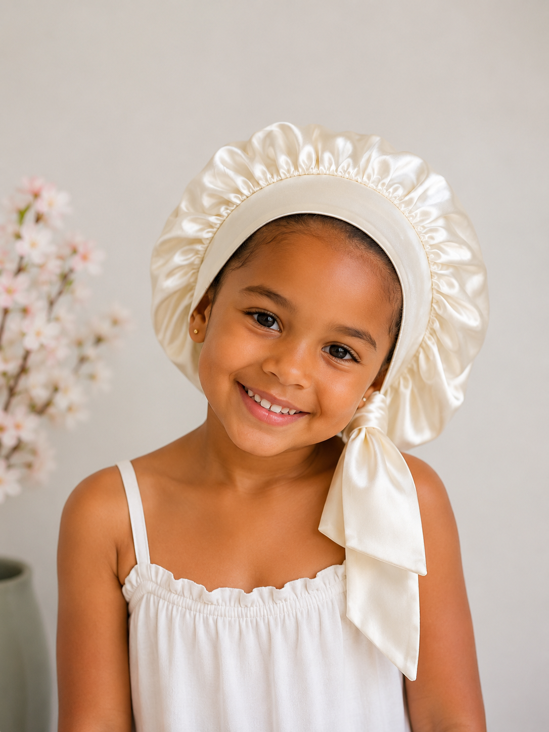 Bonnet en satin réversible enfant – Bleu & Ivoire