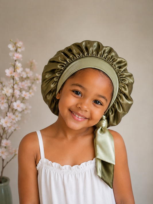 Bonnet en satin réversible enfant – Kaki & Vert sauge