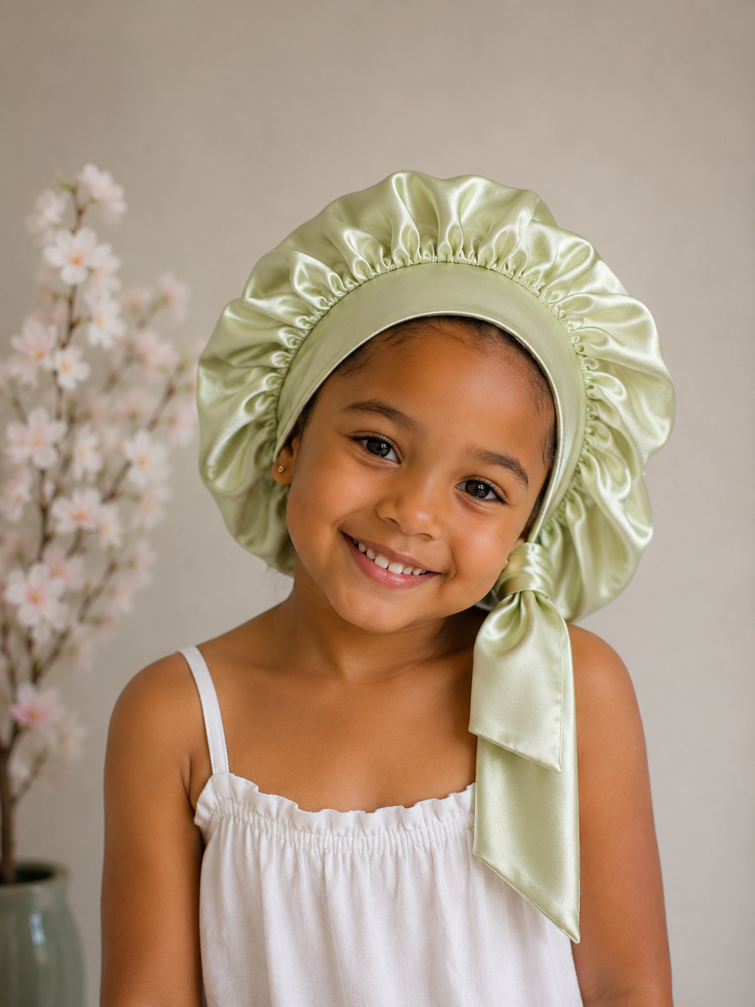 Bonnet en satin réversible enfant – Kaki & Vert sauge