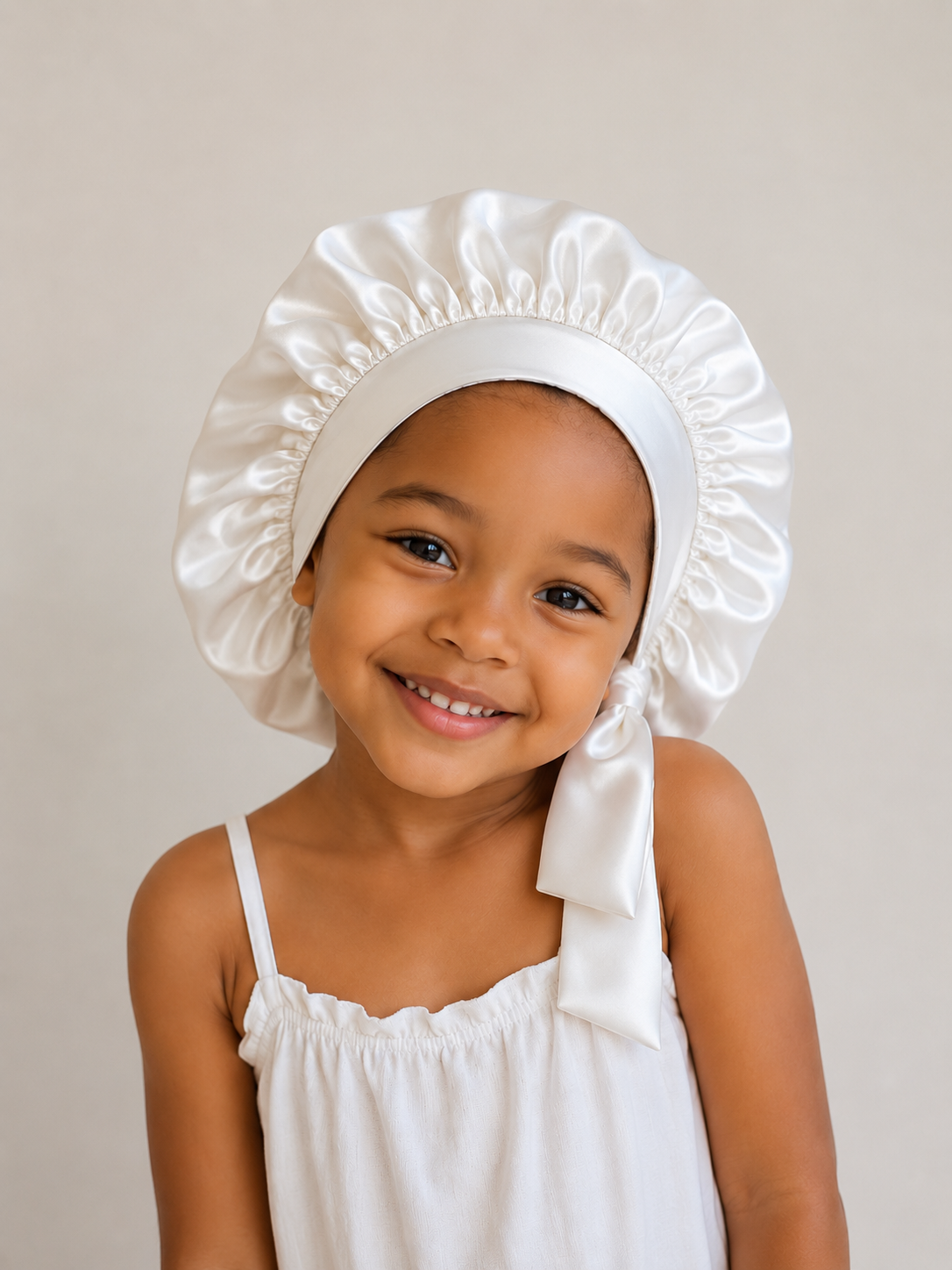 Bonnet en satin réversible enfant – Rose Barbie & Blanc
