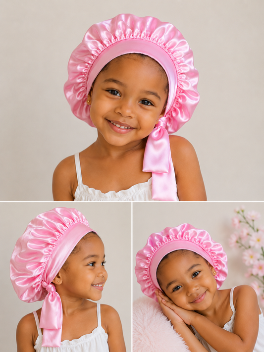 Bonnet en satin réversible enfant – Rose Barbie & Blanc