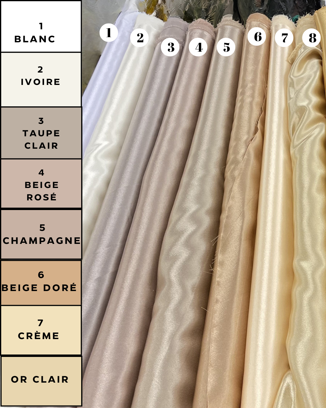 Couleurs disponibles - Blanc, Ivoire, Taupe, Beige, Champagne, Crème, Or Clair