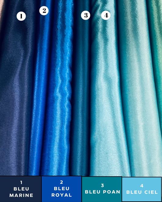 Couleurs disponibles - Bleu Marine, Bleu Royal, Bleu Paon, Bleu Ciel