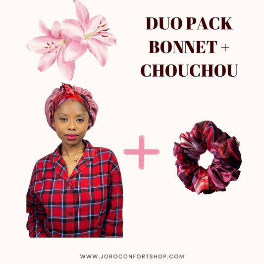 DUO PACK RAYURÉ ROUGE  en satin (chouchou+bonnet)
