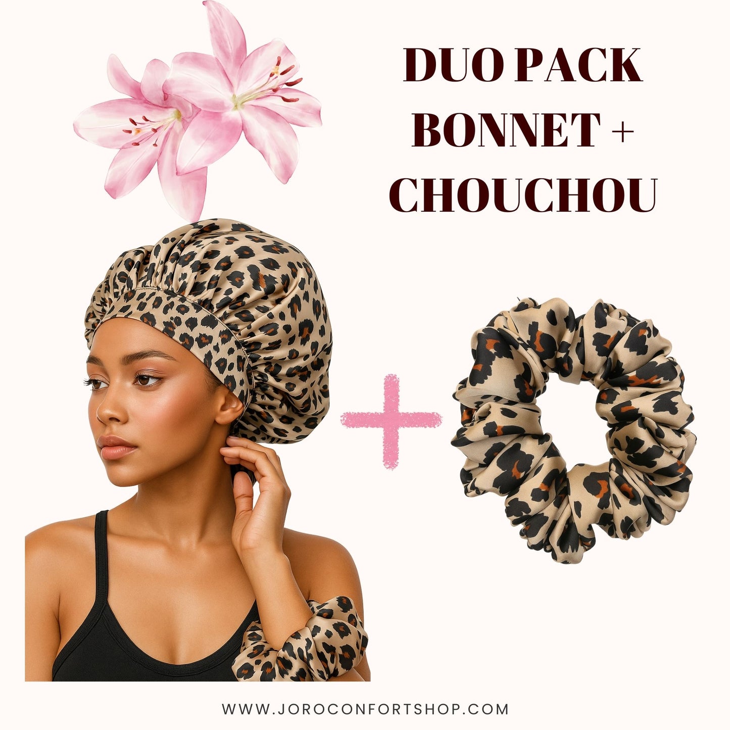 DUO LÉOPARD en satin (chouchou+bonnet)