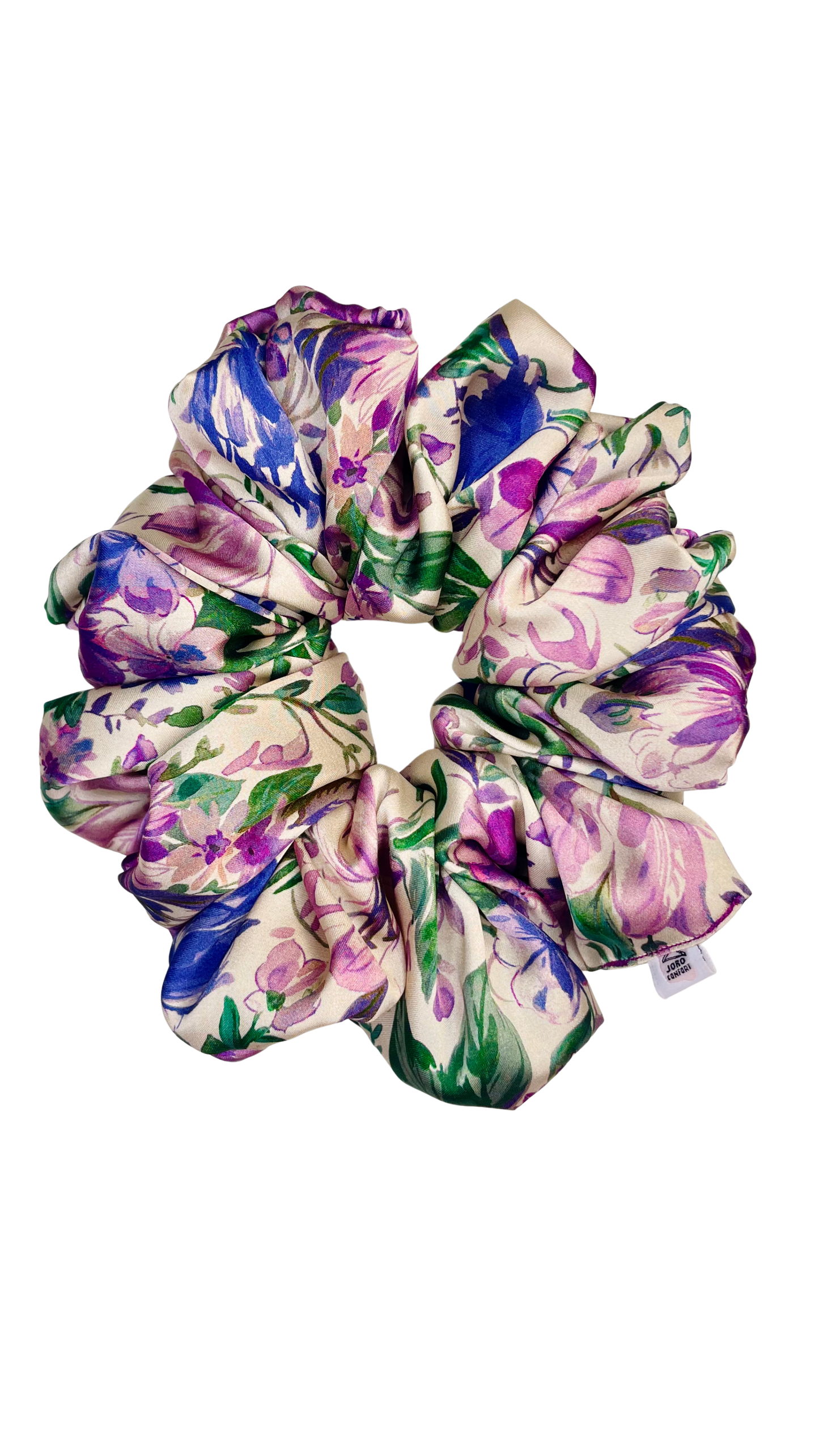 Chouchou satin XXL Classique Harmoni Floral – imprimé fleuri ivoire violet bleu vert