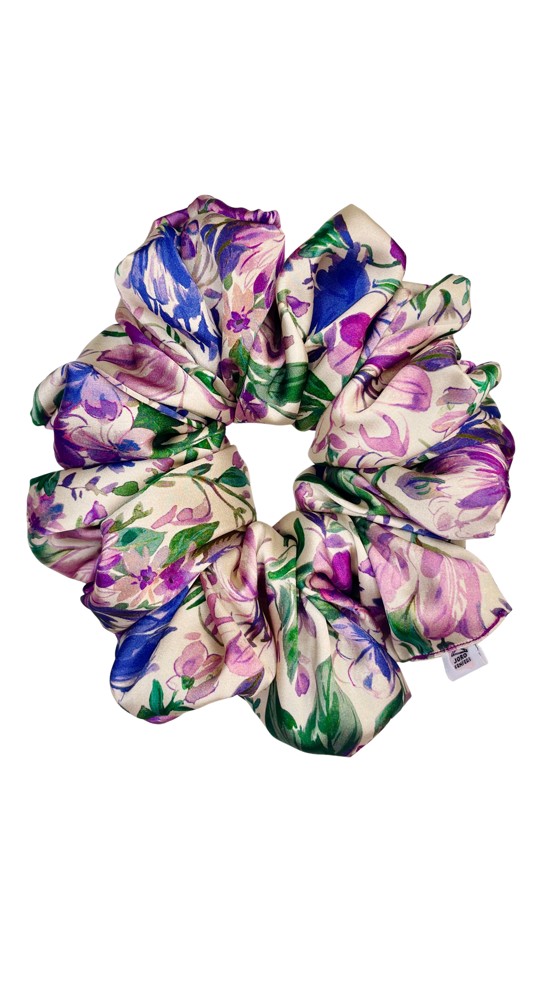 Chouchou satin XXL Classique Harmoni Floral – imprimé fleuri ivoire violet bleu vert