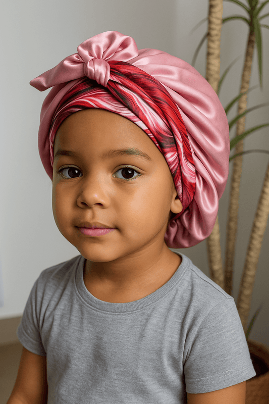 bonnet en satin enfant réversible rayure rouge 