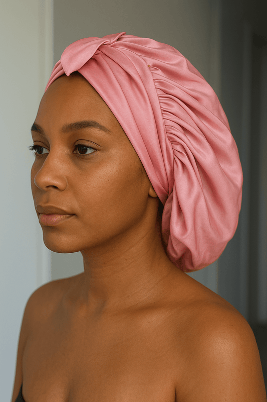 bonnet en satin réversible or rose 