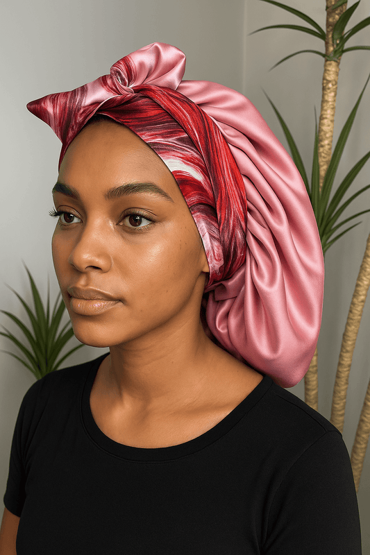 bonnet en satin réversible rayure rouge 